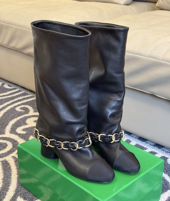 Chanel Genuine Leather Chain Decor Chunky Shaft Tall Boots