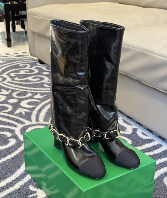 Chanel Genuine Leather Chain Decor Chunky Shaft Tall Boots