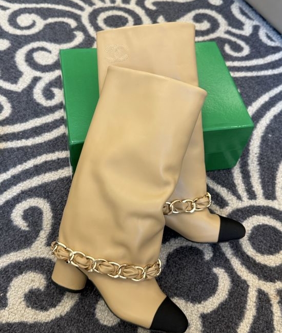 Chanel Genuine Leather Chain Decor Chunky Shaft Tall Boots