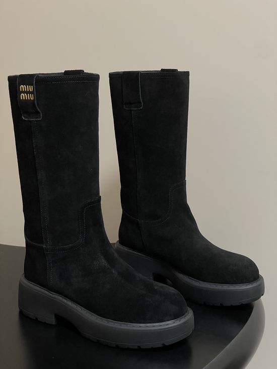 Miu Miu Premium Leather Mid-calf Boots with Soft Warm Lining