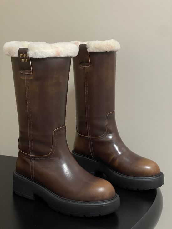 Miu Miu Premium Leather Mid-calf Boots with Soft Warm Lining