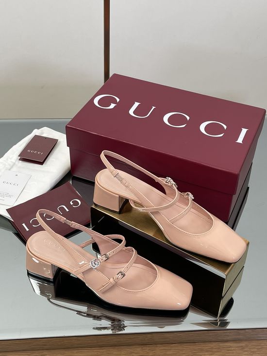 Gucci Rhinestone Buckle Slingback Chunky Heel Leather Mary Jane Shoes