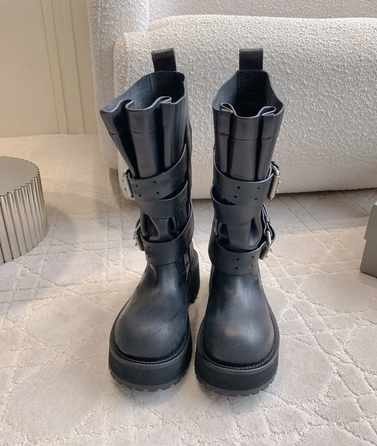 Balenciaga Distressed Leather Foldable Moto Boots with Metal Accents