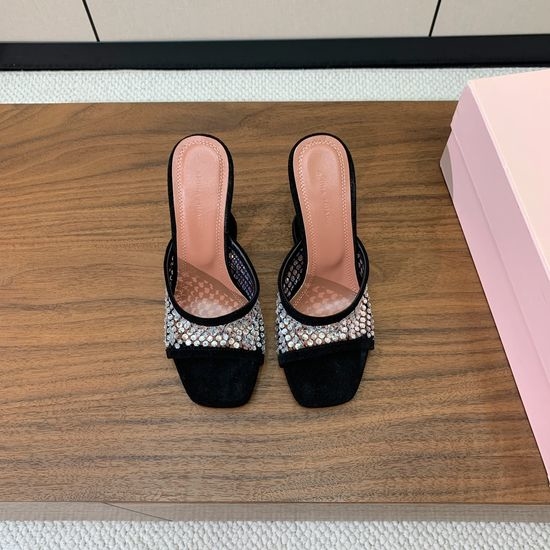 Amina Muaddi Rhinestone Mesh Mule Heel Sheepskin Insole Leather Sole