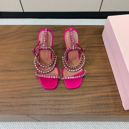 Amina Muaddi Rhinestone Chain Sandal Heel Sheepskin Insole Leather Sole
