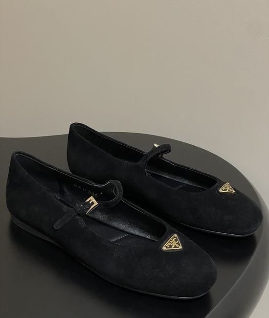 Prada Premium Suede Mary Jane Flats with Logo Detail