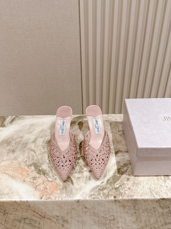 Jimmy Choo Rhinestone Mid Heel Slide Sandals Leather Sole