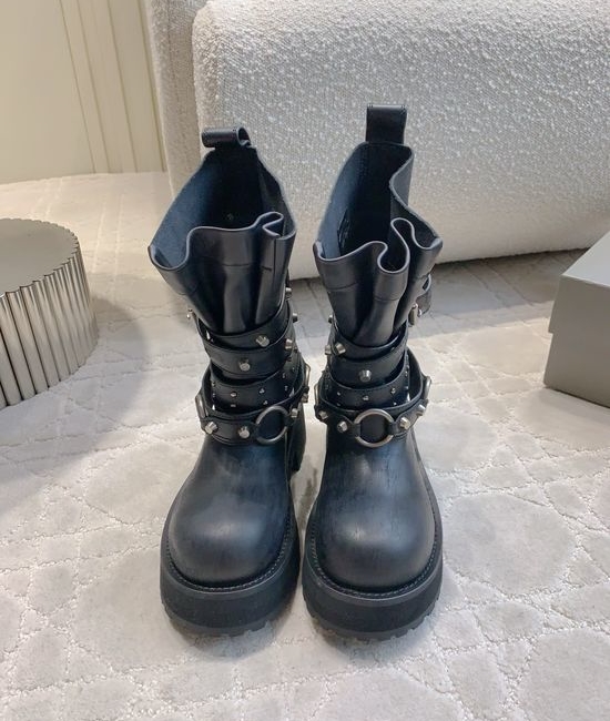 Balenciaga Distressed Leather Foldable Moto Boots with Metal Accents