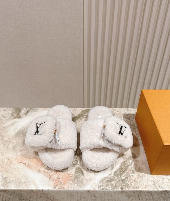 Louis Vuitton LV Shearling Lined Wool Slide Sandals Thick Sole