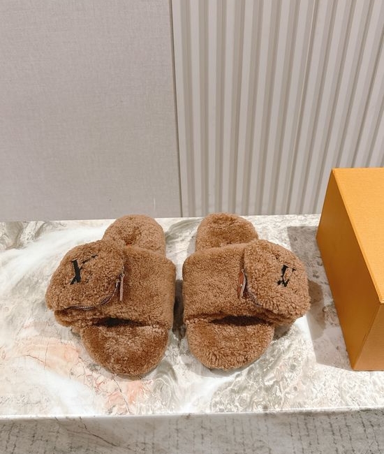 Louis Vuitton LV Shearling Lined Wool Slide Sandals Thick Sole