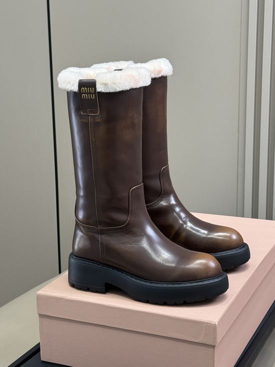 Miu Miu Warm Lined Mid Calf Boots with Leather Upper