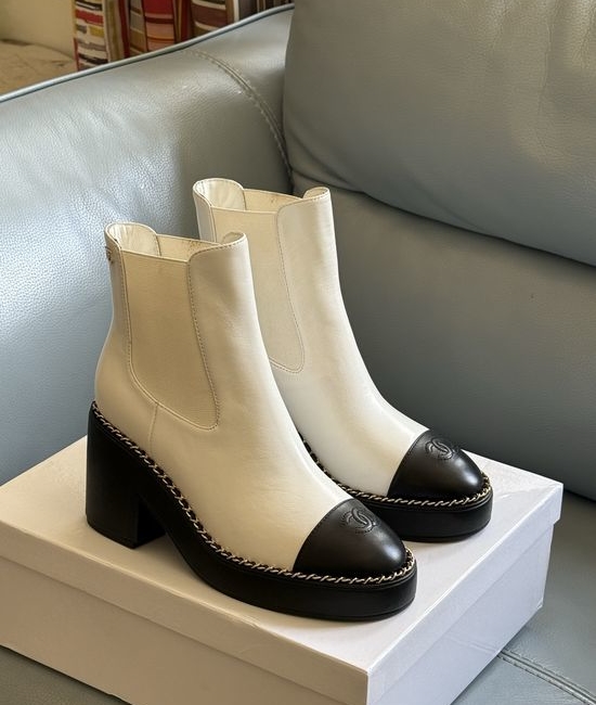 Chanel Elegant Color Block Chunky Heel Ankle Boots