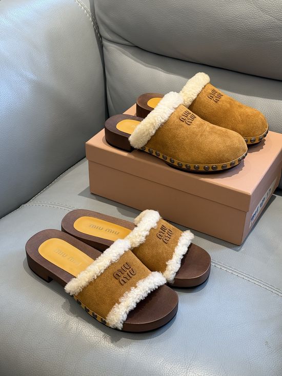 Miu Miu Soft Wool Lined Wooden Sole Clog Slippers