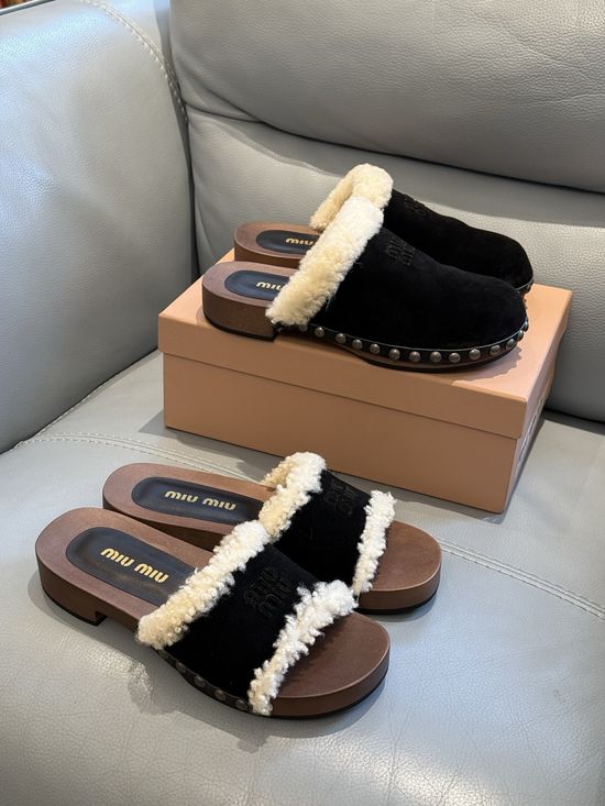 Miu Miu Soft Wool Lined Wooden Sole Clog Slippers