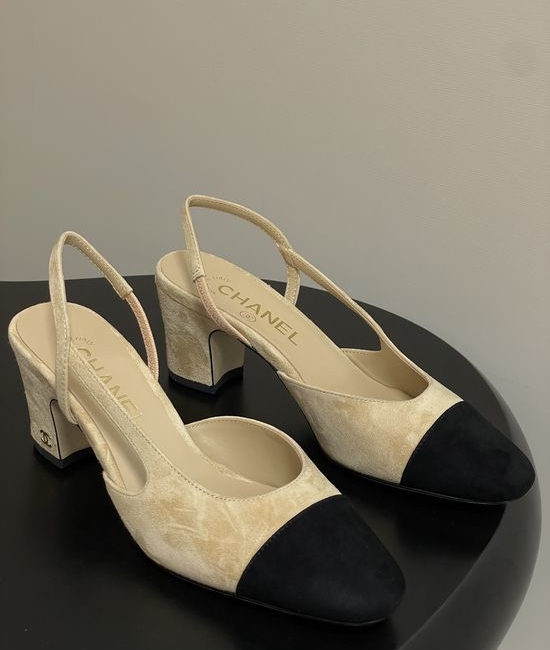 Chanel Classic Suede Slingback Sandals Square Toe Leather Lined