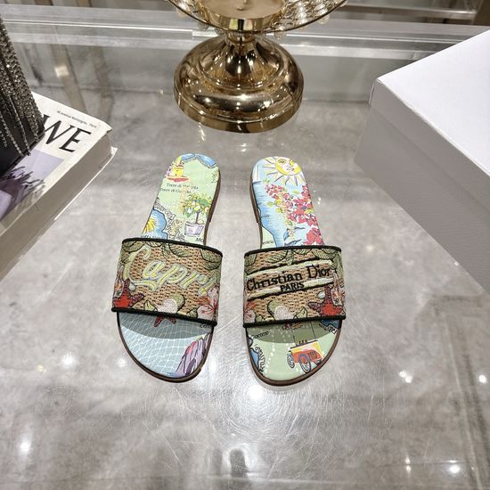 Christian Dior Embroidered Raffia Flat Slides with Double Leather Sole