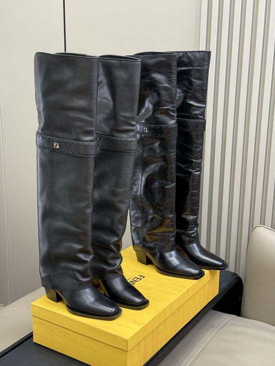 Fendi Trendy Wrapped Heel Calf High Leather Boots