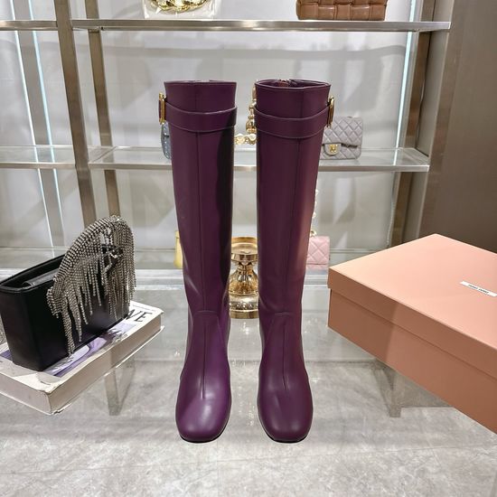 Miu Miu Genuine Leather Block Heel Ankle Boots With Metal Buckle