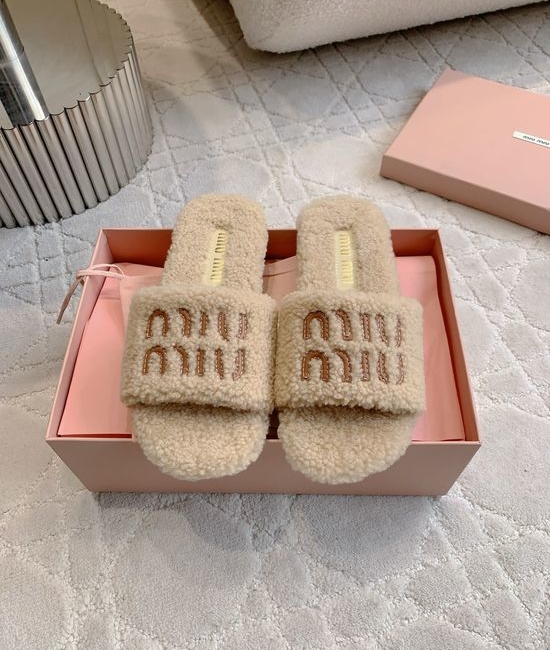 Miu Miu Cozy Wool Lined Slippers Soft Anti-slip Sole Comfortable Daily Wear