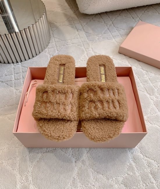 Miu Miu Cozy Wool Lined Slippers Soft Anti-slip Sole Comfortable Daily Wear