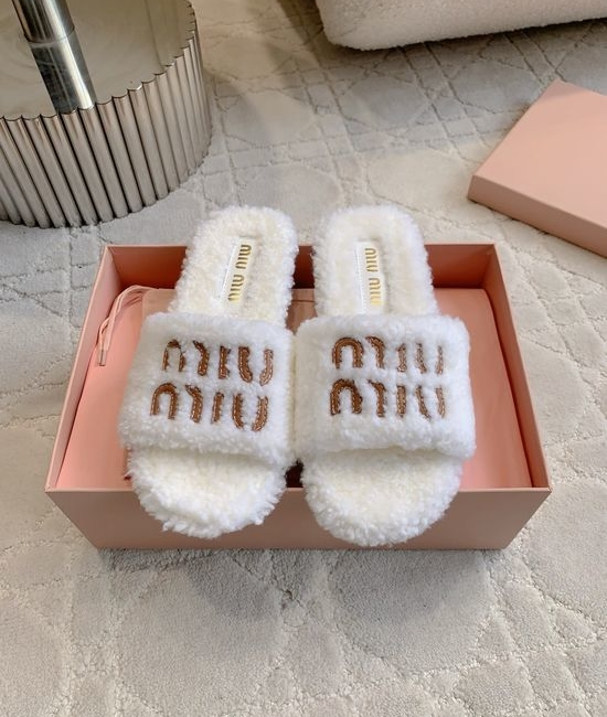 Miu Miu Cozy Wool Lined Slippers Soft Anti-slip Sole Comfortable Daily Wear