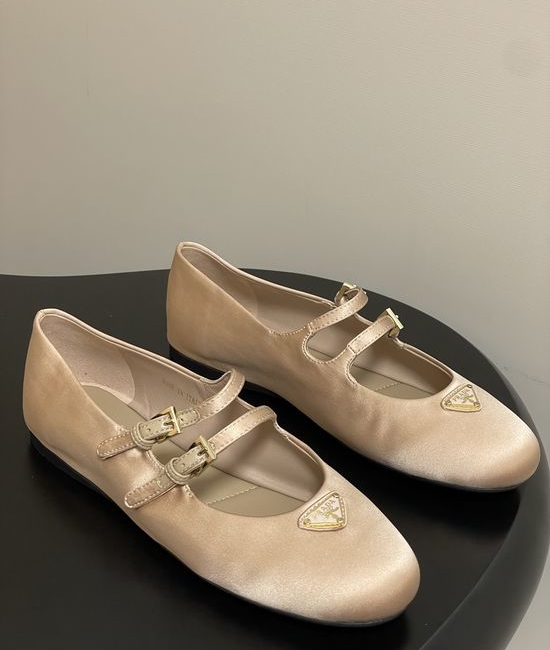 Prada Satin Mary Jane Flats with Enamel Logo Accents