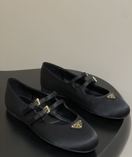 Prada Satin Mary Jane Flats with Enamel Logo Accents