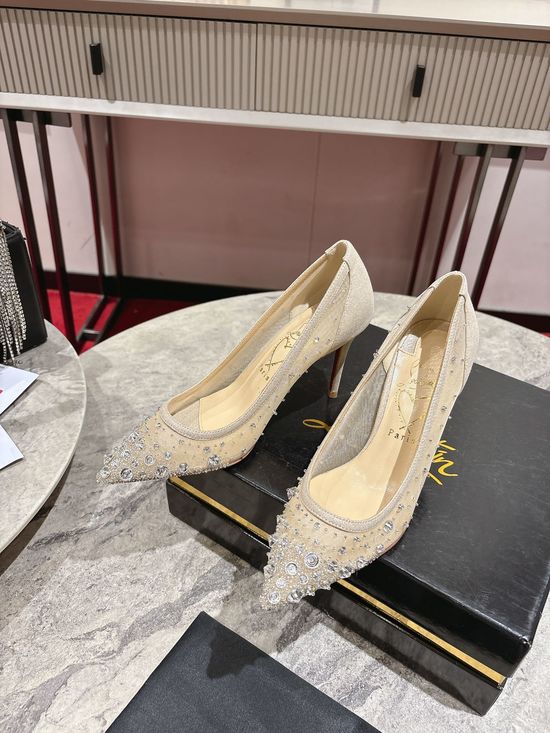 Christian Louboutine Crystal Embellished Pointed Toe Mesh Heels