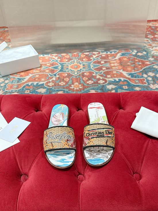 Christian Dior Woven Flat Slide Sandals Embroidered Detail Premium Leather Sole