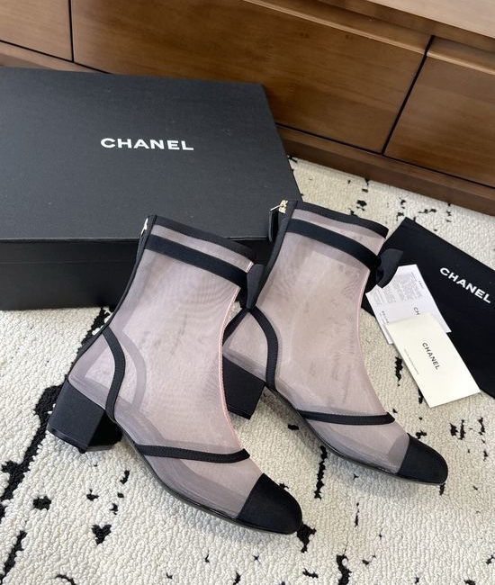 Chanel Bow Embroidered Mesh Mid Calf Ballet Boots Soft Insole