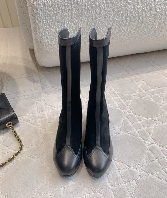 Chanel Elegant Suede Mid Calf Boots Leather Lining