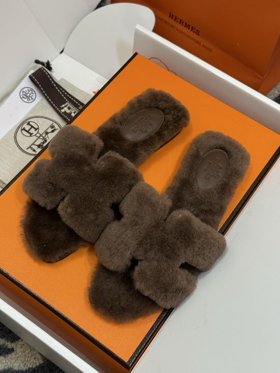 Hermes Shearling Lined Slippers Soft Leather Sole Warm