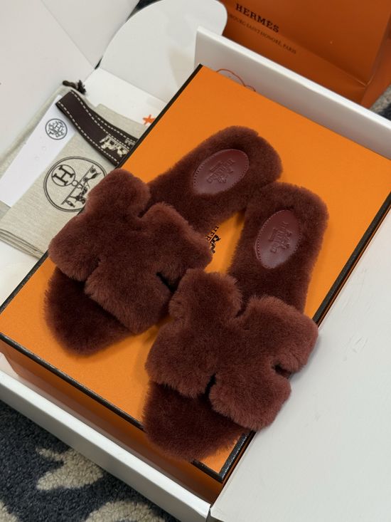 Hermes Shearling Lined Slippers Soft Leather Sole Warm