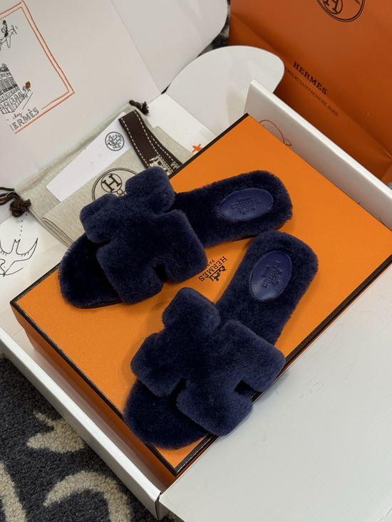 Hermes Shearling Lined Slippers Soft Leather Sole Warm