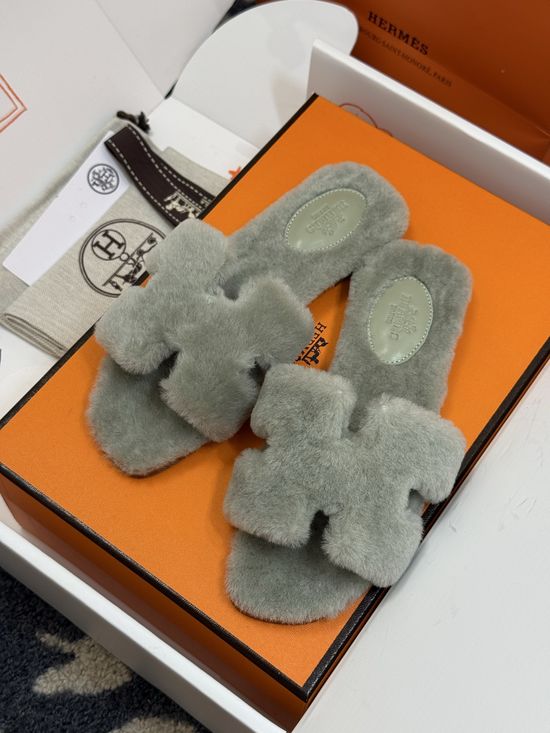 Hermes Shearling Lined Slippers Soft Leather Sole Warm