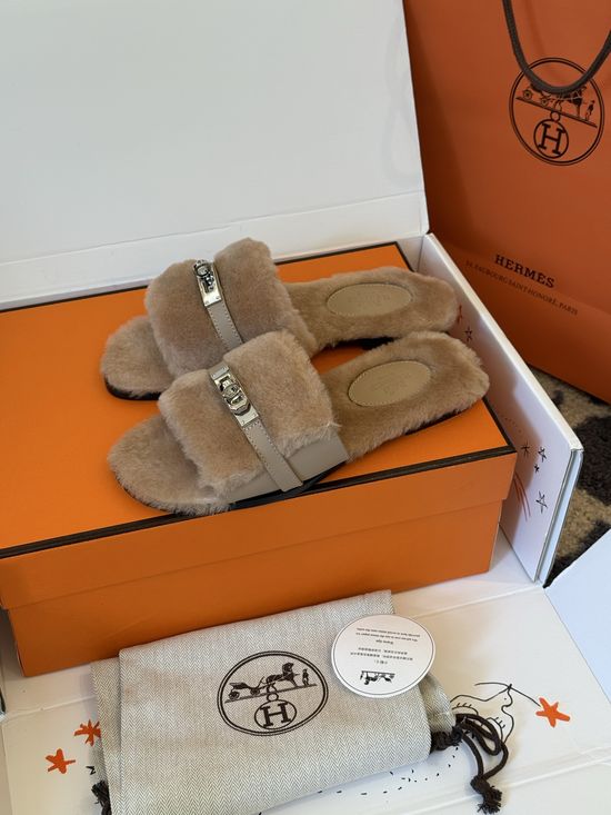 Hermes Shearling Slippers with Metal Buckle Leather Sole