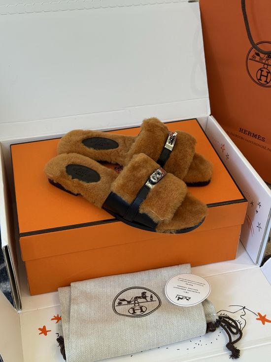Hermes Shearling Slippers with Metal Buckle Leather Sole