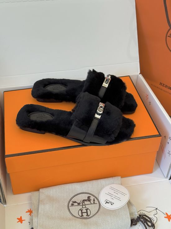 Hermes Shearling Slippers with Metal Buckle Leather Sole
