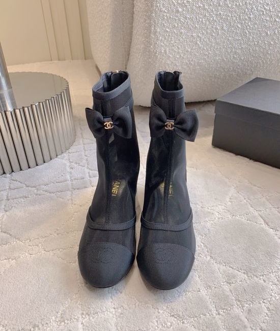 Chanel Bow Mesh Leather Ankle Boots Genuine Leather Outsole