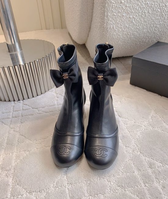 Chanel Bow Mesh Leather Ankle Boots Genuine Leather Outsole