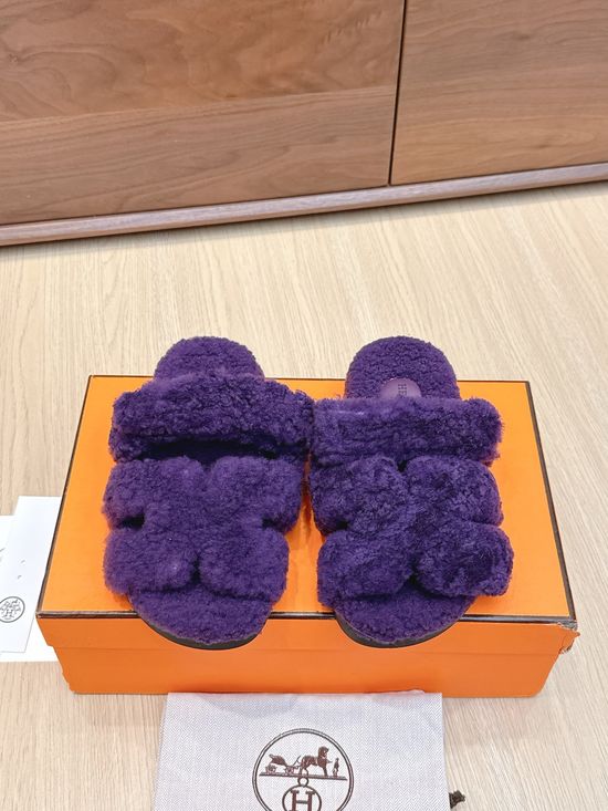 Hermes Premium Curly Fur Slip On Slippers Soft TPU Sole
