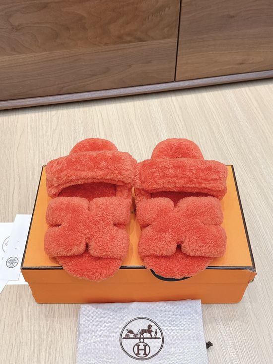 Hermes Premium Curly Fur Slip On Slippers Soft TPU Sole