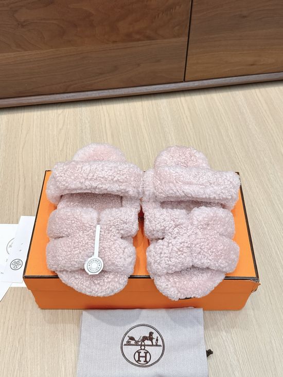 Hermes Premium Curly Fur Slip On Slippers Soft TPU Sole