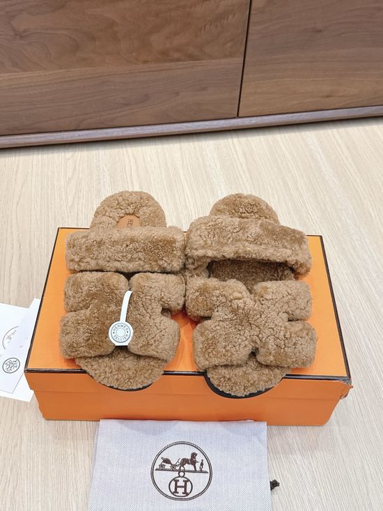 Hermes Premium Curly Fur Slip On Slippers Soft TPU Sole