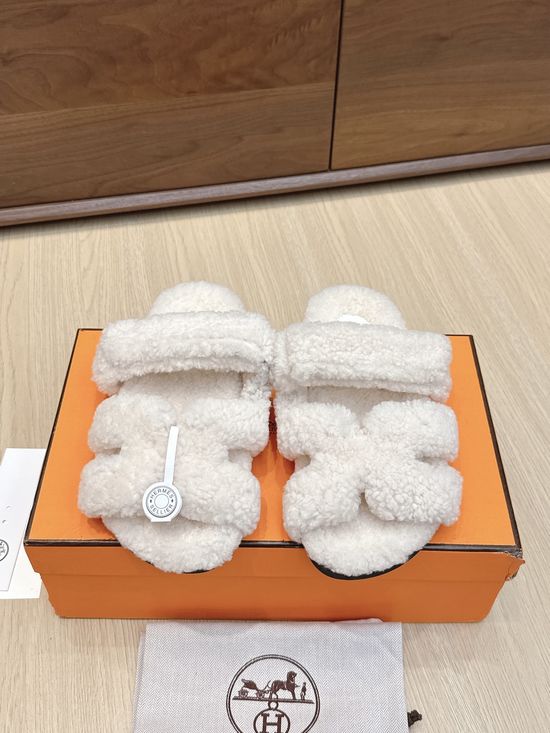 Hermes Premium Curly Fur Slip On Slippers Soft TPU Sole