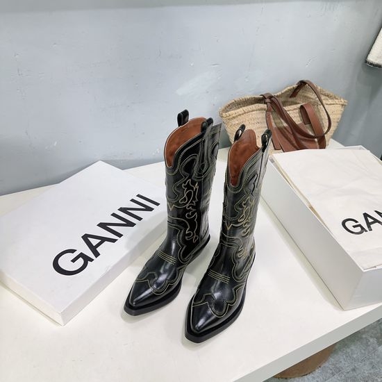 Ganni Embroidered Pointed Toe Mid-Calf Western Boots