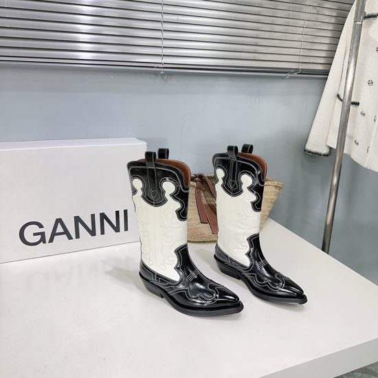 Ganni Embroidered Pointed Toe Mid-Calf Western Boots