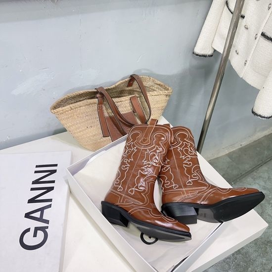 Ganni Embroidered Pointed Toe Mid-Calf Western Boots