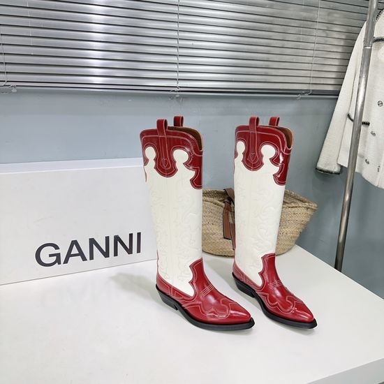 Ganni Embroidered Pointed Toe Knee-High Western Boots