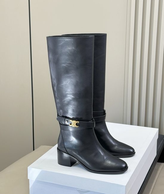 Celine Knee High Leather Boots Low Heel Comfortable